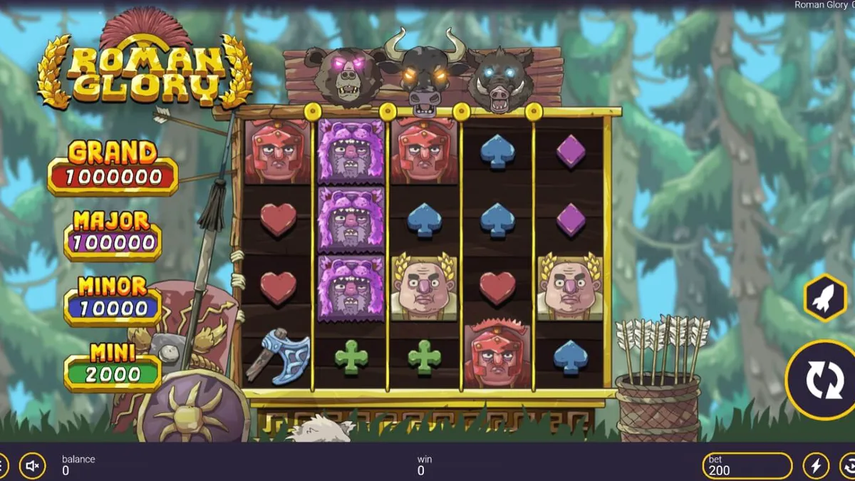 Tampilan visual slot Roman Glory dengan elemen hutan dan gladiator