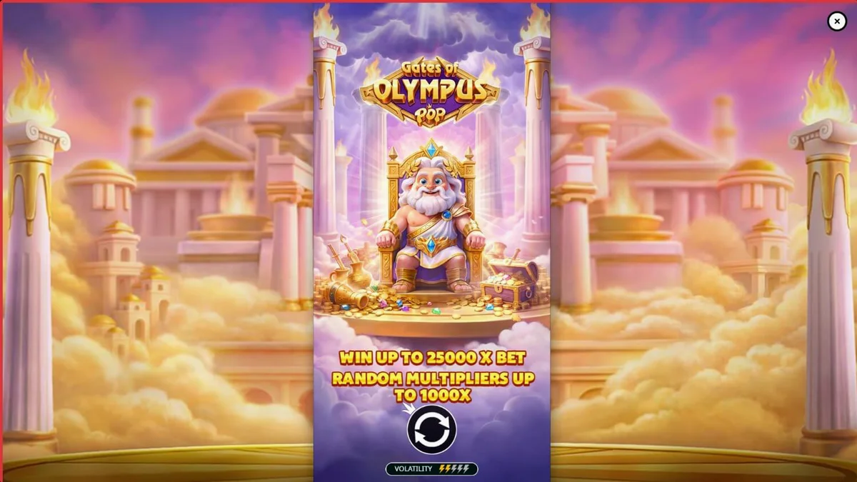 Tampilan antarmuka permainan slot Gates of Olympus POP dengan tema mitologi Yunani dan grid 3x5.